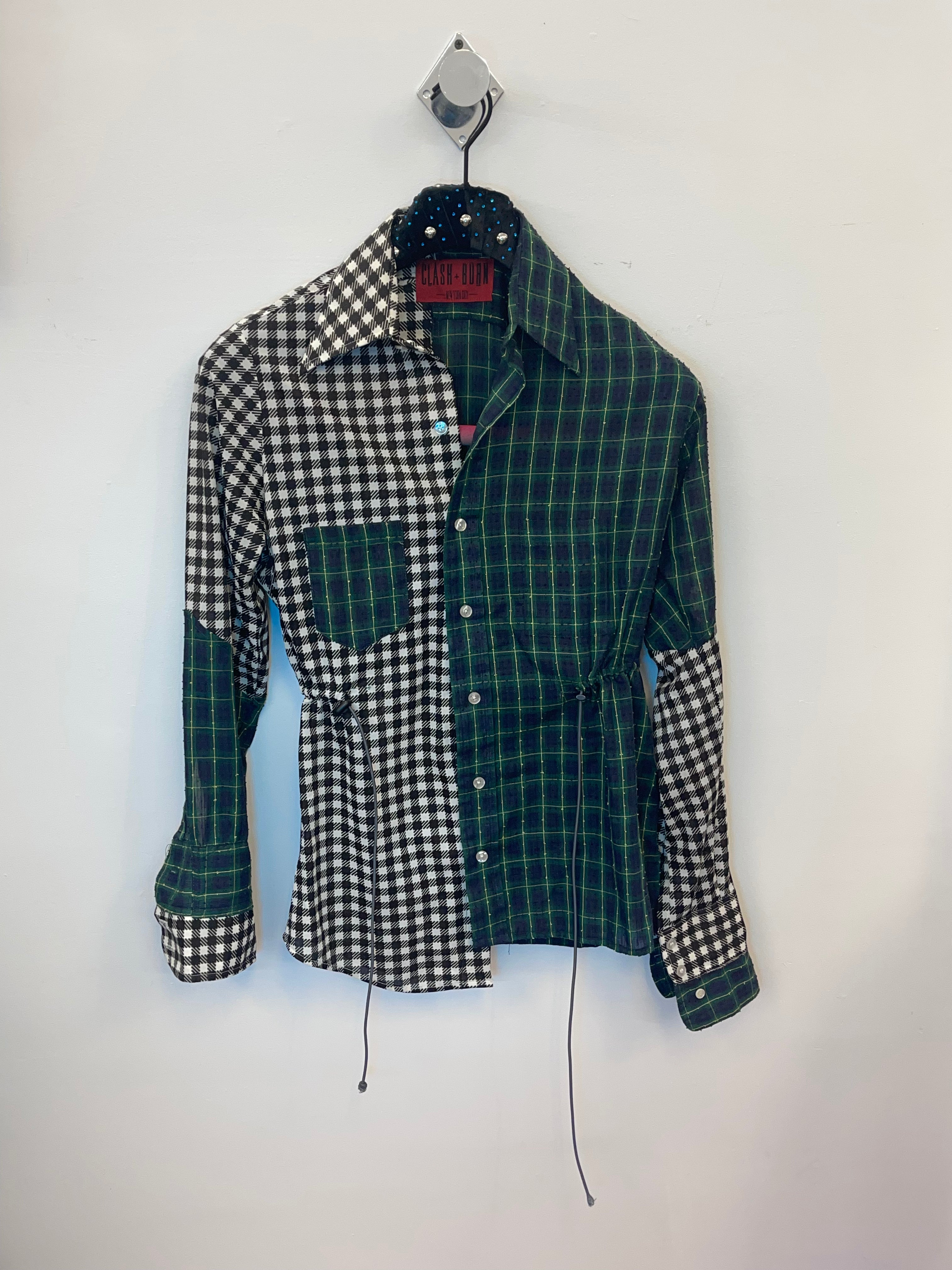 VINTAGE RECONSTRUCTED SPLICED TARTAN + SQUARE DRESS SHIRT LS
