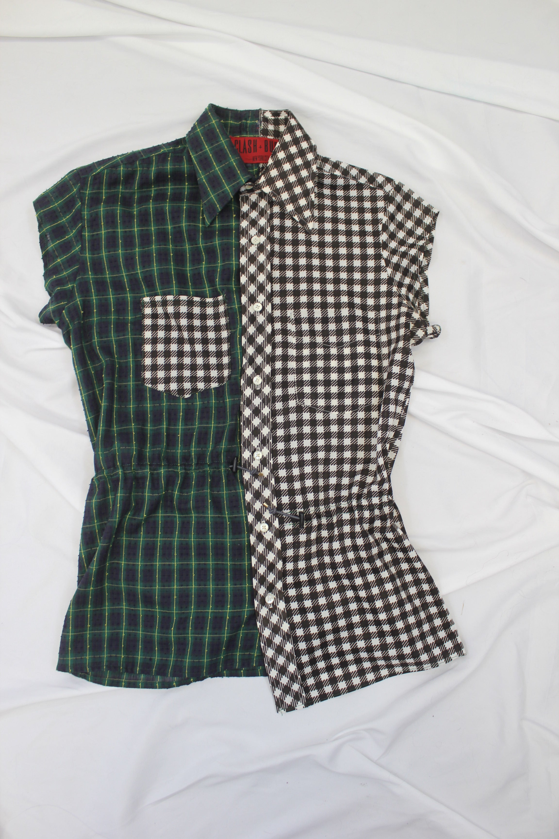 VINTAGE RECONSTRUCTED SPLICED TARTAN + SQUARE DRESS SHIRT SS