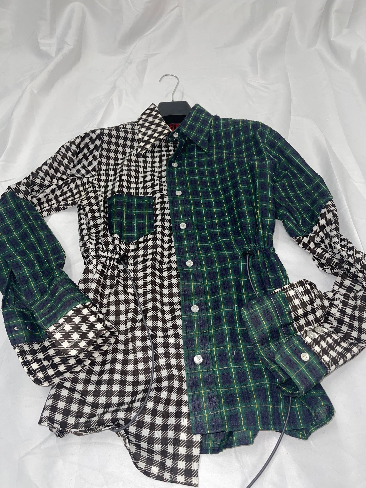 VINTAGE RECONSTRUCTED SPLICED TARTAN + SQUARE DRESS SHIRT LS