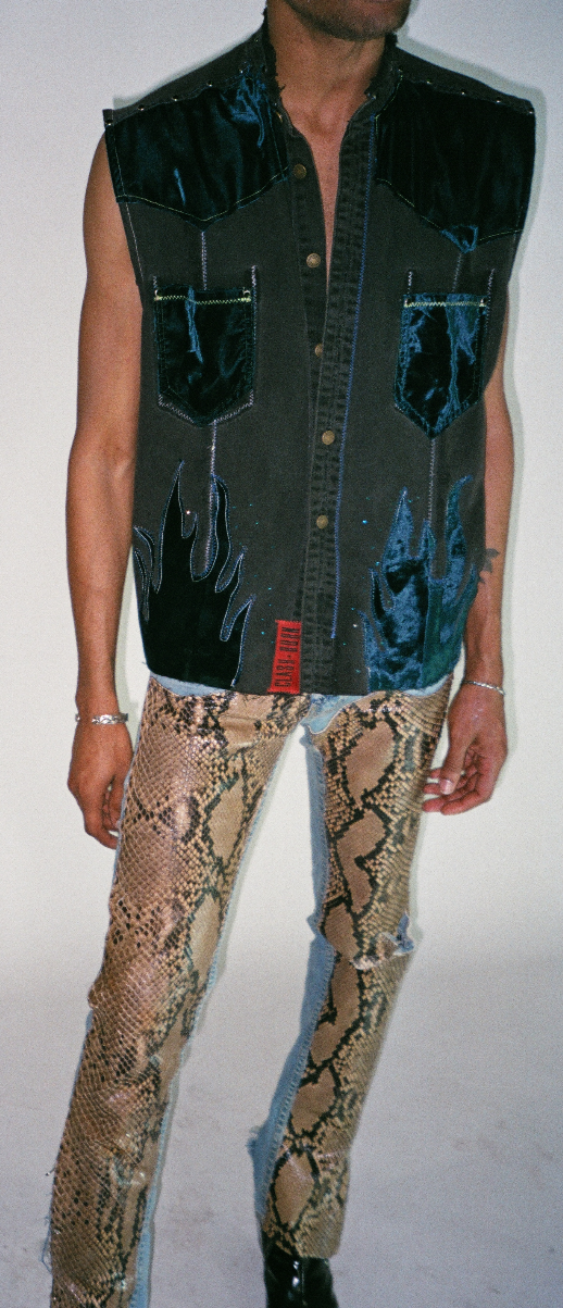 DENIM VELVET FLAMES WESTERN VEST